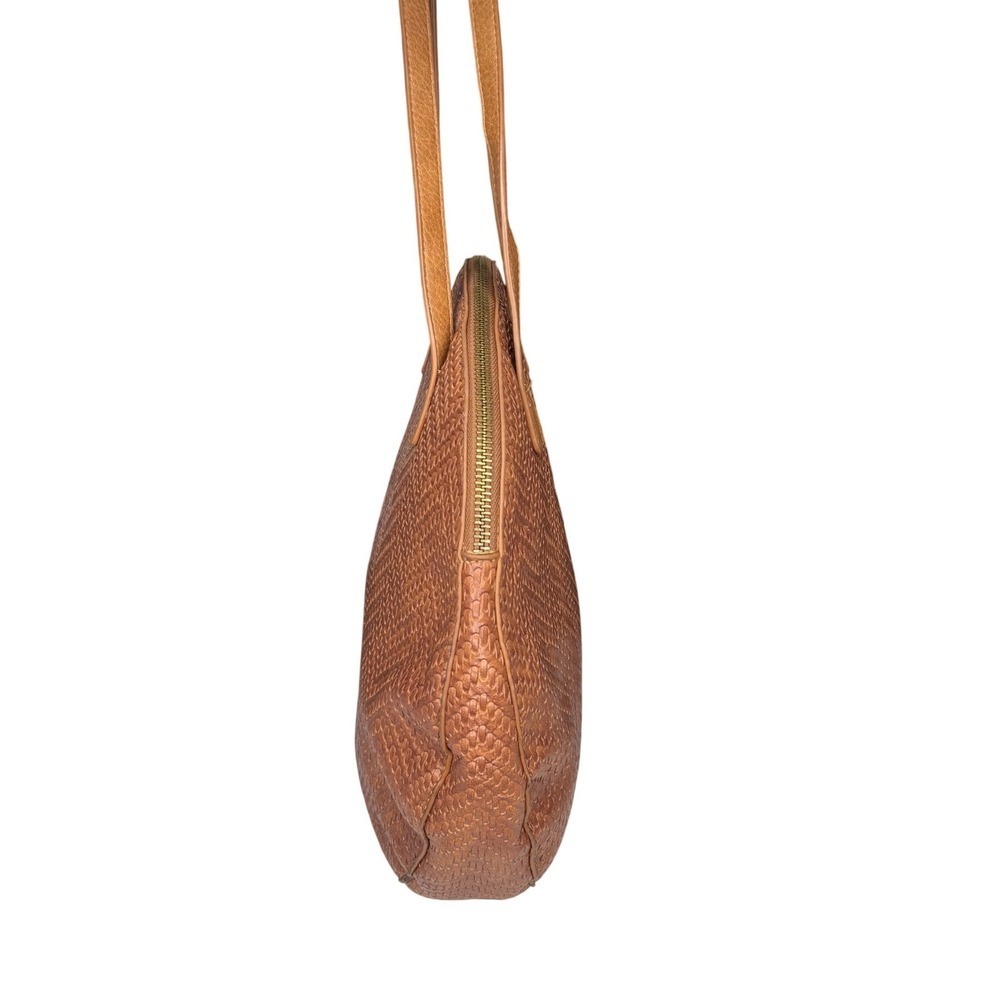 Anthropologie Cognac Brown Round Woven Faux Leather Embossed Circle Shoulder Bag - Picture 3 of 8
